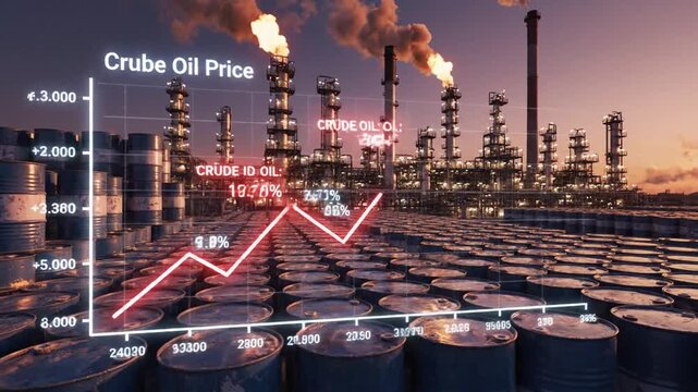 Ascending financial chart illustration showing rising crude oil price barrel cost in global petroleum production industry with growing economic market trend data