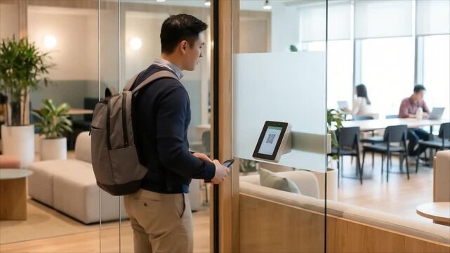 Asian man with backpack scanning mobile phone code on glass door access control panel. Digital identification for office entry. Modern security technology system.