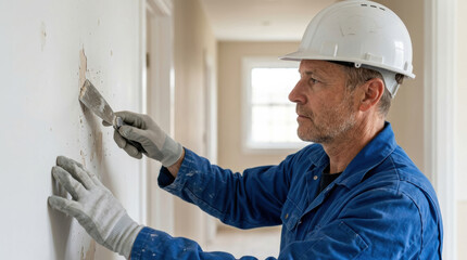 Contractor renovation drywall repair hard hat putty knife scraping interior worker wearing glove performing wall patching in hallway, preparing surface for painting, focused expression
