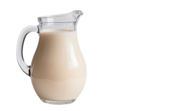 Isolated pitcher of milk, nourishing beverage or drink for breakfast, healthy and nutritious