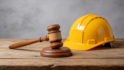 Judges gavel and yellow hard hat