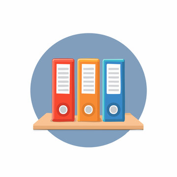 Colorful office file folders on a wooden shelf in front of blue circle
