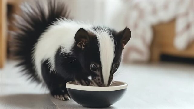 Small skunk eating from a ceramic bowl. Cute wild animal feeding in an indoor setting. Domesticated mammal enjoying its meal in a bright room environment daily.