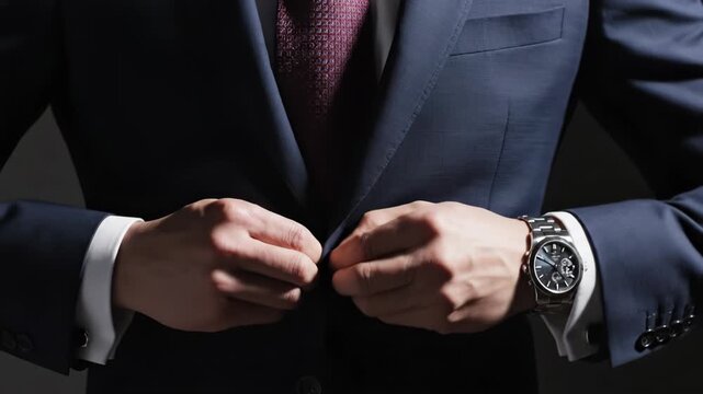Closeup of a man in a navy blue suit, red tie, and silver watch, buttoning his jacket with a confident and professional expression