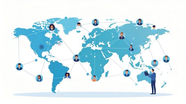 World map with connected people icons, a person holds a laptop