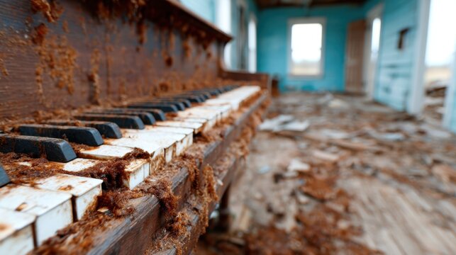 An old, dusty piano in a deteriorating room evokes nostalgia and the passage of time, showcasing the beauty of decay and forgotten music history.