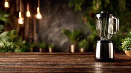 A sleek, modern blender stands proudly on a rustic wooden table, surrounded by lush greenery, showcasing both practicality and aesthetic appeal in a home kitchen environment.
