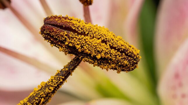 Close-up of flower pollen grains on lily anther representing Pollen Allergy  