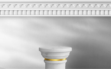 Naklejka premium White marble coumn podium with golden ring realistic vector background. Ancient roman greek pillar stand or museum pedestal, product presentation or exhibition near stone wall with light reflections