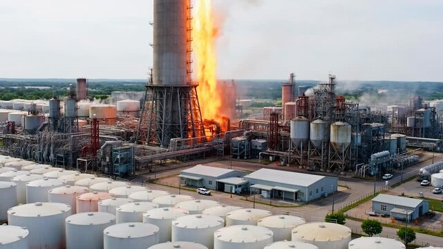 Large industrial complex with a burning flare stack and numerous storage tanks
