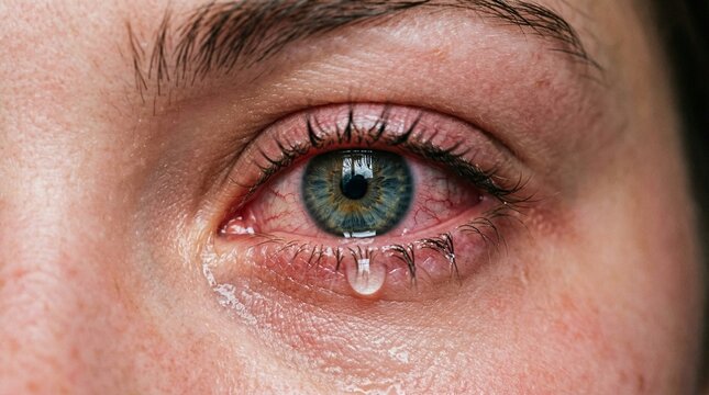 Close-up of a woman's watery eye with tear drop illustrating Pollen Allergy  