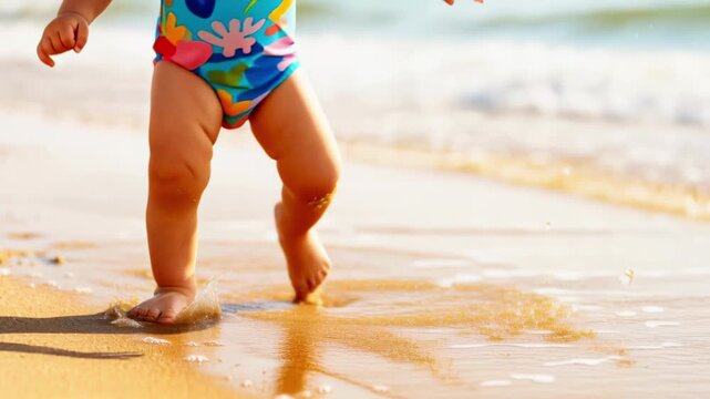 Toddler baby taking first steps barefoot on sandy beach near sea waves in colorful swimsuit, wet sand and shallow water on foreground. Concept of childhood exploration and seaside freedom atmosphere