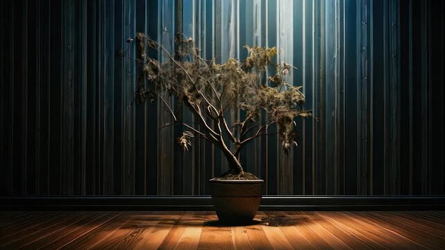 A small tree in a pot stands before a vertical wooden wall