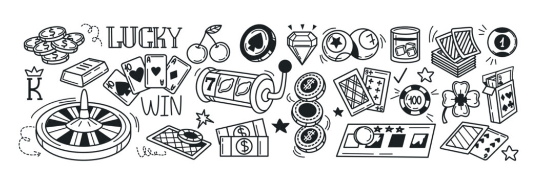 Hand drawing doodle casino or gambling games set. Vector icons of roulette wheel, playing cards, poker chips, slot machine, scratch lottery ticket, gold bar, billiard balls. Lucky jackpot line symbols