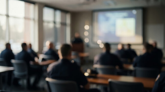 A defocused shot of a police briefing with a speaker at the screen