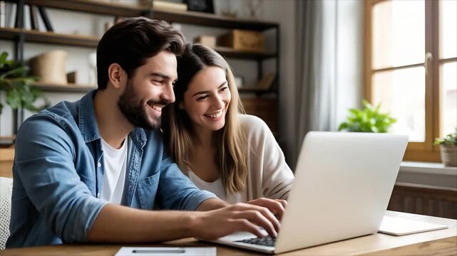 Man and woman working together on a laptop. Happy couple looking at computer screen in home office. Collaborative online work project, modern remote communication.