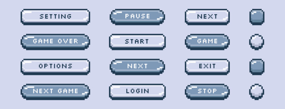 Vector set of grey pixel art start, exit, pause, next, stop and login buttons. Pixelated video game icons, text box frames, interface menu elements in 8bit retro style. Arcade ui graphic design