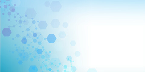 Health care or medical abstract background with hexagons, lines and dots. Scientific innovation banner template concept. Biology and pharmaceutical technology background. Vector illustration.