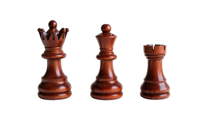Isolated Chess Pieces  Queen, Queen, and Rook in Carved Wood Ready for Chess Game © Trym