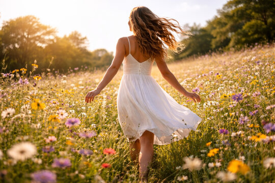 Young woman in white dress walking through flower field at sunset