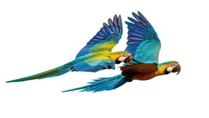 Isolated Macaw parrots in flight, exotic birds of South America, colorful feathers, tropical wildlife © Trym