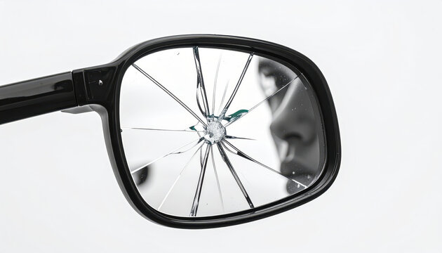 Car insurance accident estimate rearview mirror damage closeup reflection stress driver worry