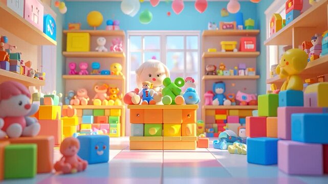 A child's room filled with toys shelves and blocks in vibrant colors