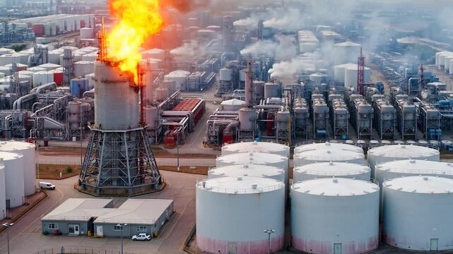 Aerial view of large industrial complex with burning flare stack and numerous storage tanks