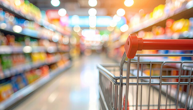 Shopping cart supermarket retail aisle product consumer economic outlook inflation concept supermarket aisle with shopping