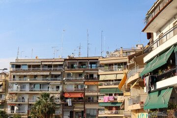 Fototapeta premium Apartment facades in Thessaloniki Greece August 2024 Urban residential buildings and colorful balconies