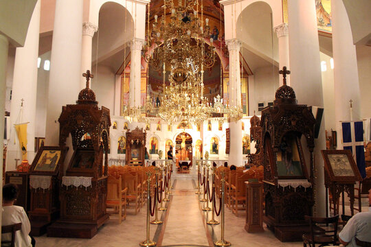 Interior of Saint Paul Church August 2024 Golden chandelier and wooden iconostasis decor