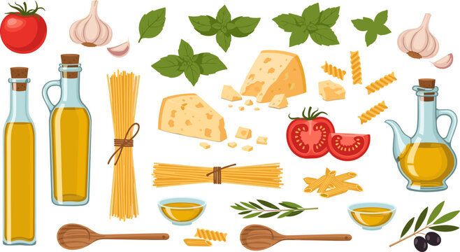 Italian Cooking Ingredients Collection with Olive Oil Bottles, Pasta, Parmesan Cheese, Tomato, Garlic, Basil, and Herbs Mediterranean Food Vector Illustration Set
