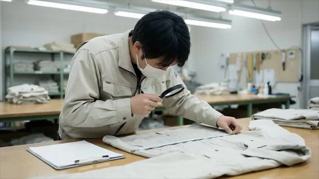 Asian man tailor inspecting garment with magnifying glass. Professional clothes quality control check in factory workshop. Textile production inspection process.