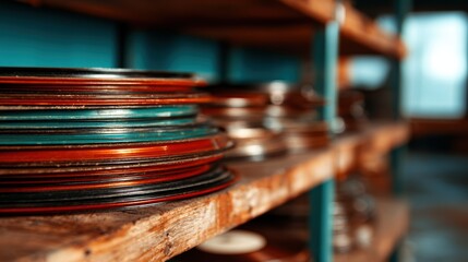Obraz premium An artistic display of vintage records stacked on a rustic wooden shelf, invoking nostalgia and a love for music through colors and textures of a bygone era.