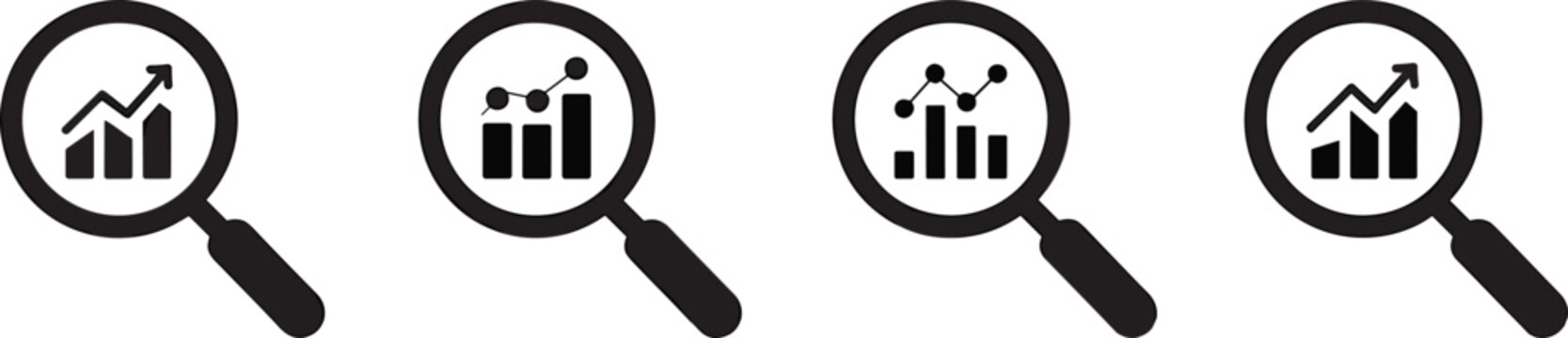 Four Black Magnifying Glass Icons Showing Bar and Line Graphs with Upward Trends chart data