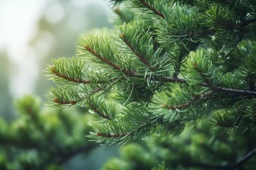 Pine needles on a conifer branch with water drops in a forest environment