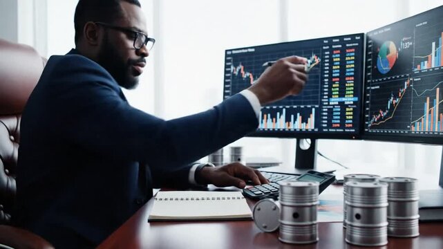 Professional male analyst evaluates petroleum energy market fluctuation using electronic calculator and data graph beside miniature fuel container focusing on global economic profit growth.