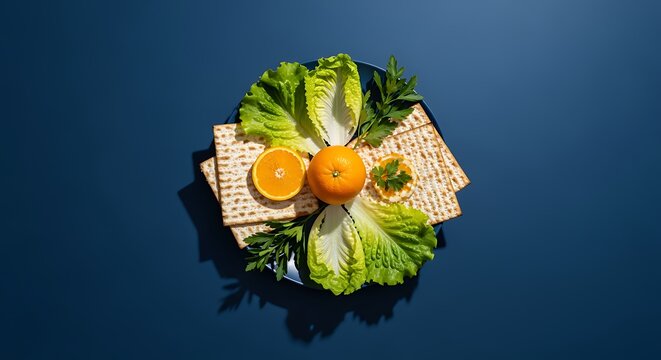 Passover seder plate with matzo oranges lettuce parsley