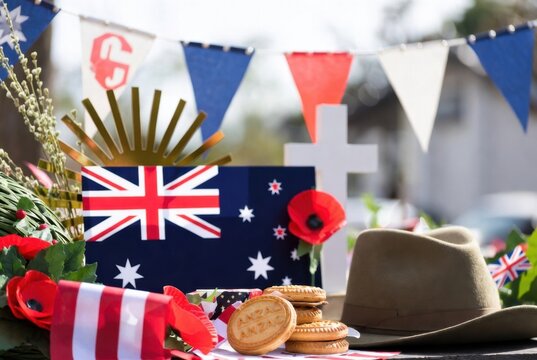 ANZAC Day display with white cross markers, Australian flag, military hat, biscuits, and bunting.