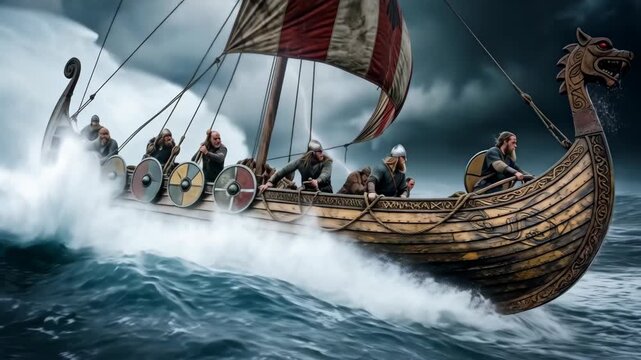 Viking longship sailing on a stormy sea with fierce warriors in dramatic ocean waves