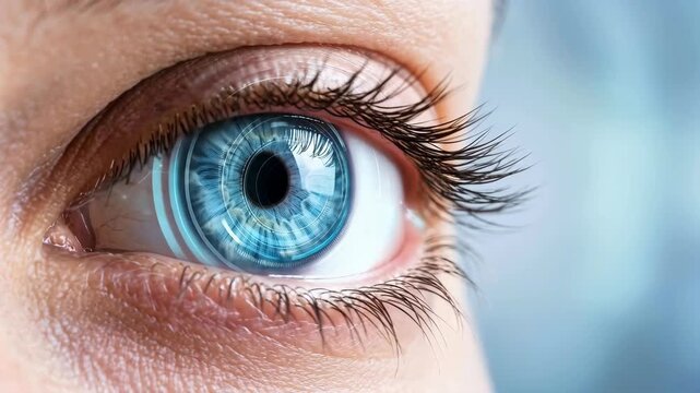 Close-up blue eye with futuristic digital scanning overlay and glowing circular interface