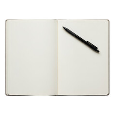 A black pen on an open notebook with blank pages