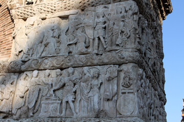 Obraz premium Detail of Arch of Galerius August 2024 Historic marble reliefs in Thessaloniki summer