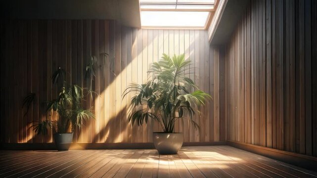 Wood-paneled room bathed in light, two potted plants, skylight