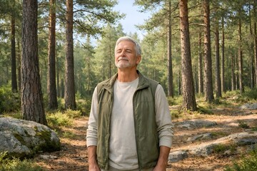 Elderly man with eyes closed, smiling, enjoying serene moment in sunlit forest grove.