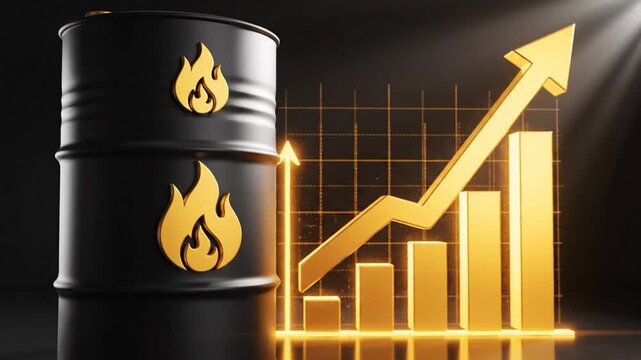 Black petroleum barrel featuring golden flame icon standing beside rising financial chart with upward arrow representing soaring oil price growth market increase and energy sector profit trading.
