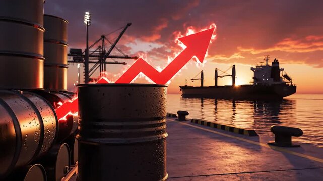Industrial Black Oil Barrel with Rising Red Financial Growth Arrow Against Sunset Harbor and Cargo Ship Silhouette Symbolizing Global Energy Market Price Hike and Petroleum Export Economy