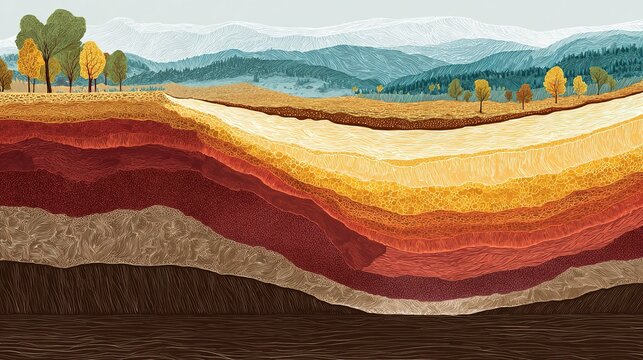 Geological land profile illustration showing sediment layers and earth strata