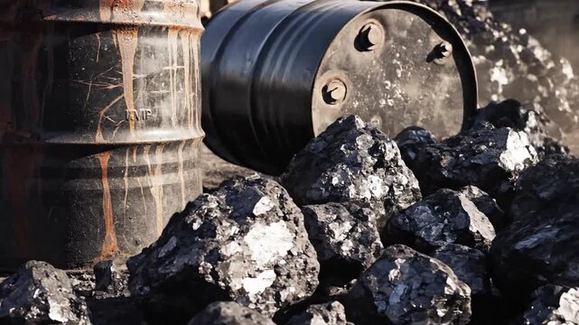 Industrial black oil barrel container standing amidst raw chunks of dark mineral carbon coal, fossil fuel energy concept, mining resources and petrochemical environment