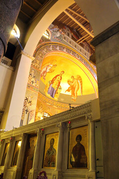 Hagios Demetrios Church Altar August 2024 Golden mosaic of Virgin Mary and child in apse